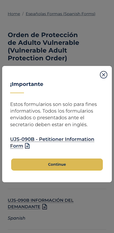 Screenshot of the South Dakota Unified Judicial System site showing a Spanish notification at mobile width.