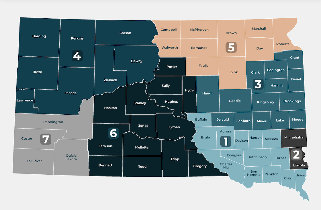 Screenshot of the South Dakota Unified Judicial System court finder map with coloring representing someone who is colorblind. 