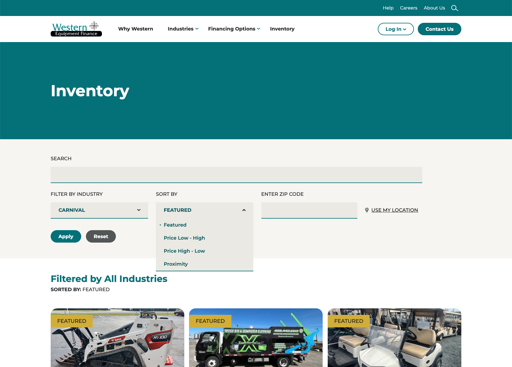 Screenshot of the Western Equipment Finance Inventory Filter at desktop width.