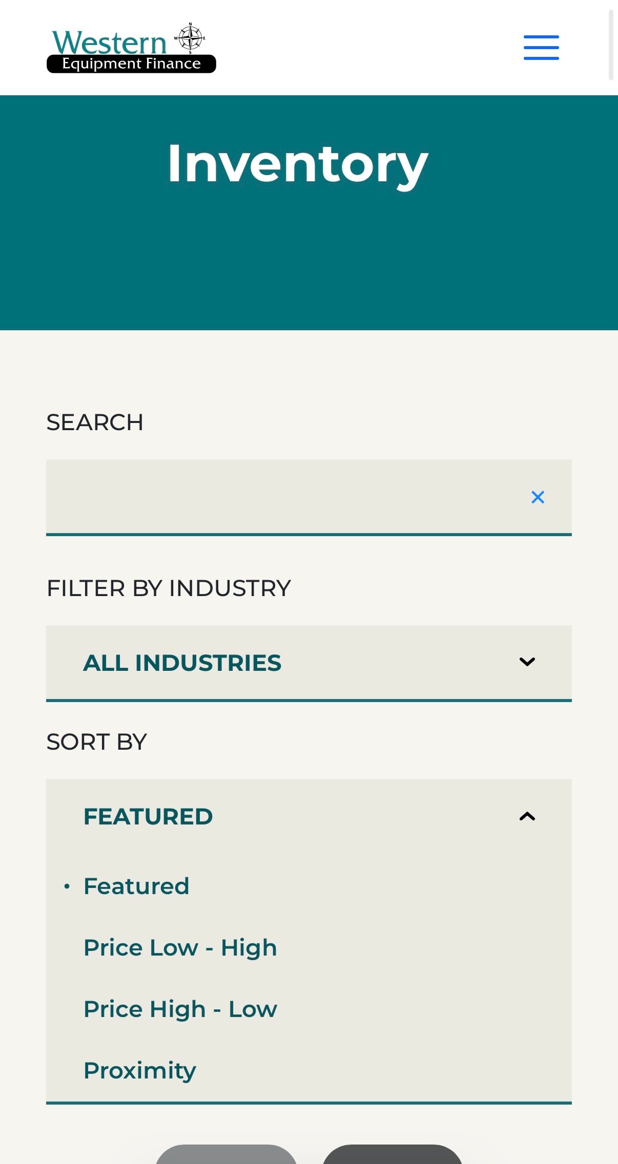 Screenshot of the Western Equipment Finance Inventory Filter at mobile width.