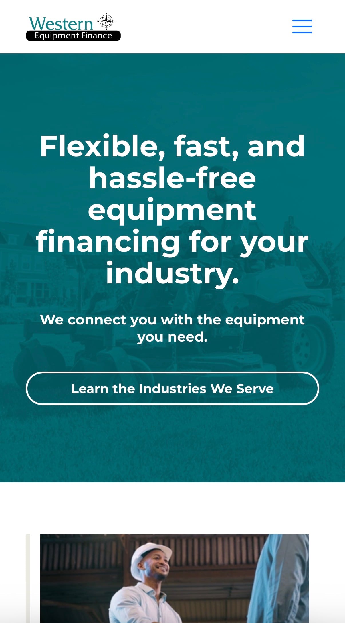 Screenshot of the Western Equipment Finance home page at mobile width.
