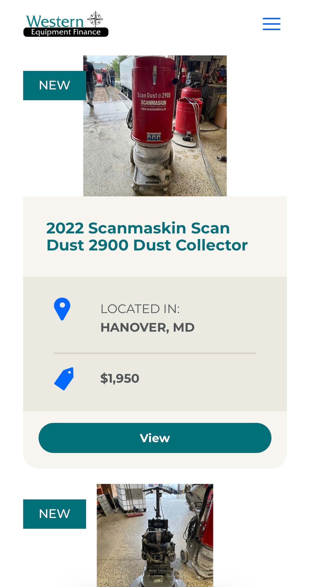 Screenshot of the Western Equipment Finance inventory listing page at mobile width.